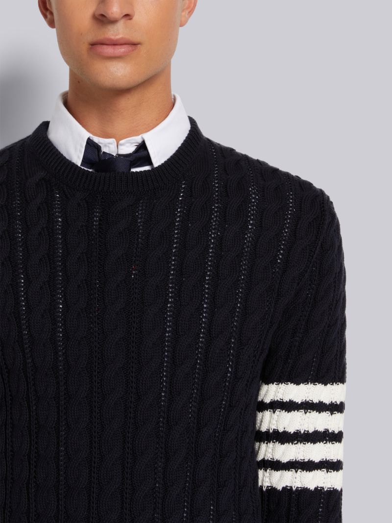 Navy Cotton 4-Bar Cable Knit Crew Neck Pullover