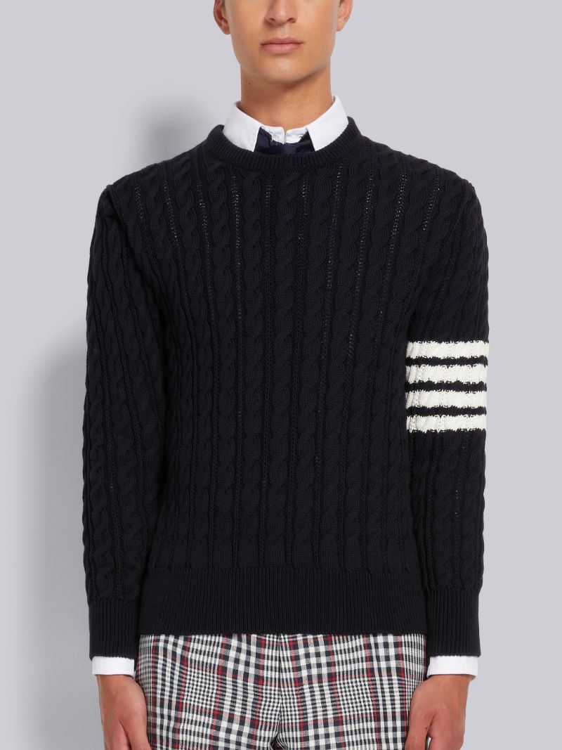 Navy Cotton 4-Bar Cable Knit Crew Neck Pullover