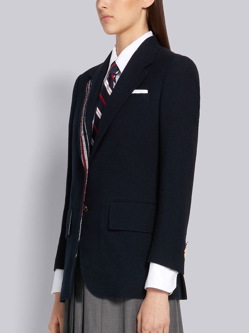 Navy Cotton Boucle Suiting Engineered Stripe Wide Lapel Jacket