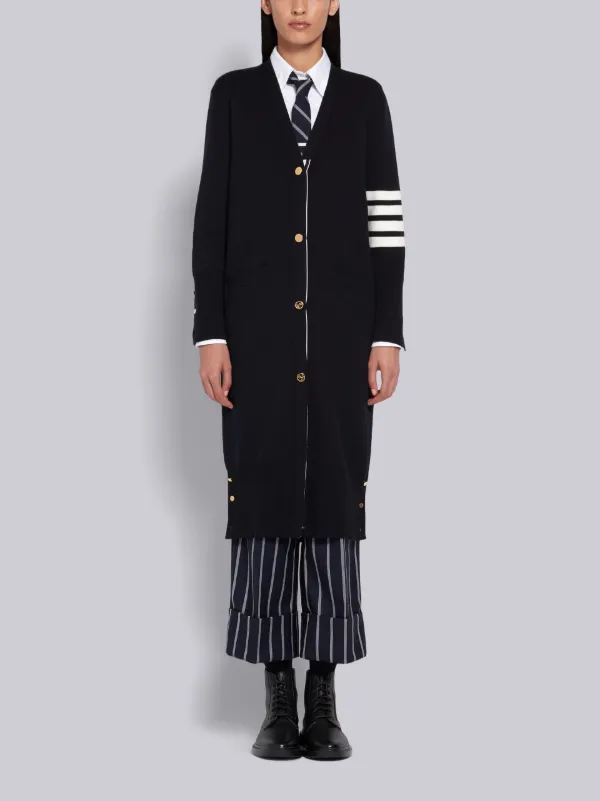 Navy Cotton Crepe Long V-Neck 4-Bar Cardigan