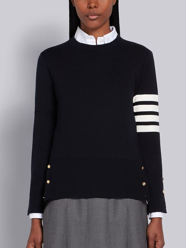 Navy Cotton Crepe Milano Stitch Crewneck 4-Bar Pullover