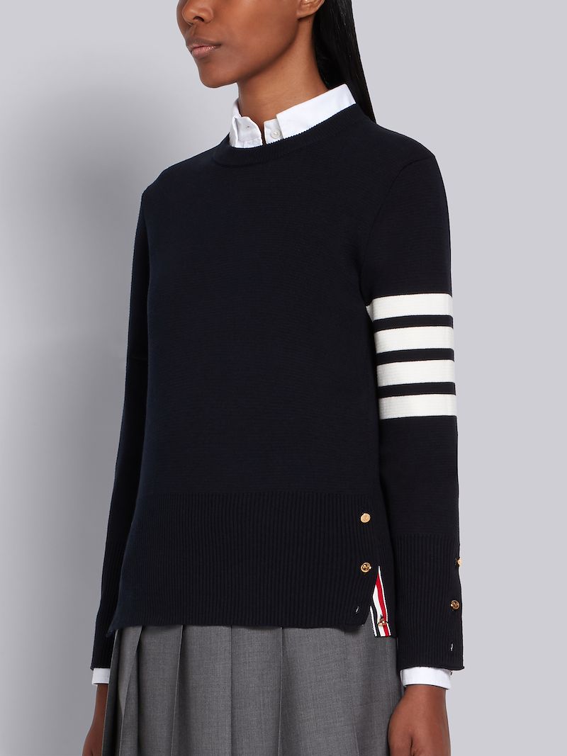 Navy Cotton Crepe Milano Stitch Crewneck 4-Bar Pullover