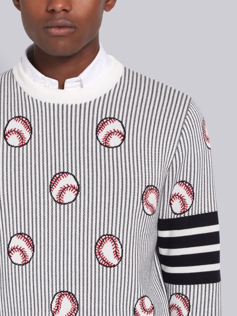 Navy Cotton Crepe Seersucker Stripe Baseball Jacquard Icon 4-Bar Crewneck