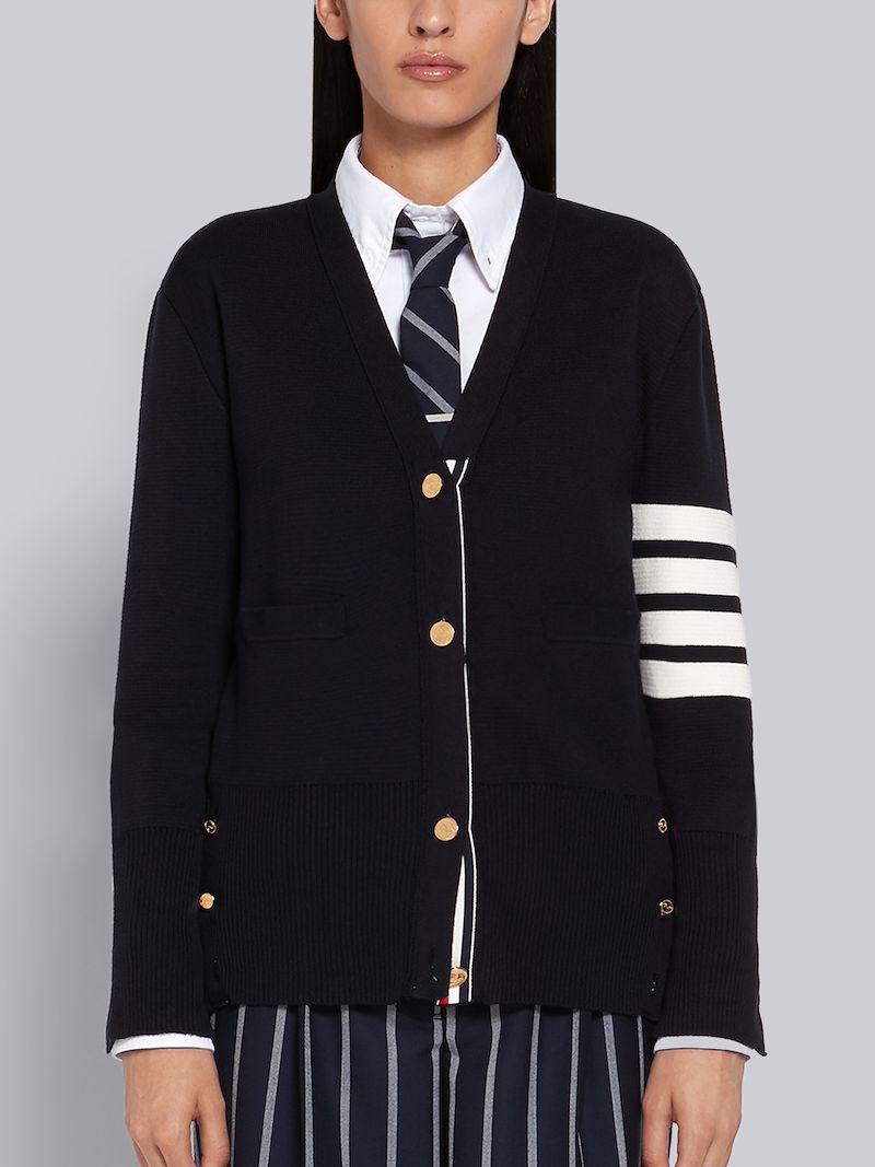 Navy Cotton Crepe V-Neck 4-Bar Cardigan