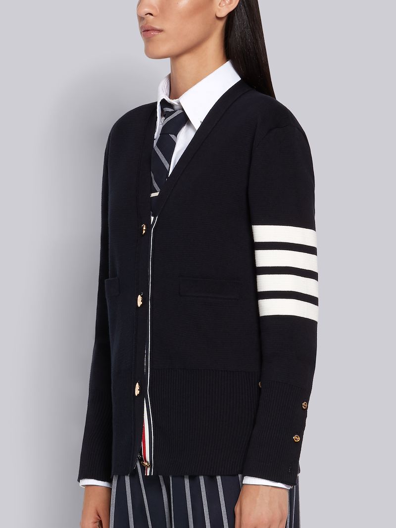 Navy Cotton Crepe V-Neck 4-Bar Cardigan
