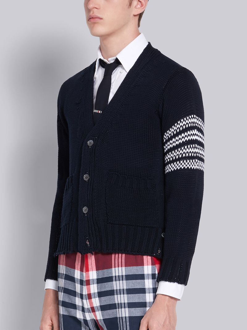 Navy Cotton Dolphin Intarsia V-Neck 4-Bar Cardigan | Thom Browne Official