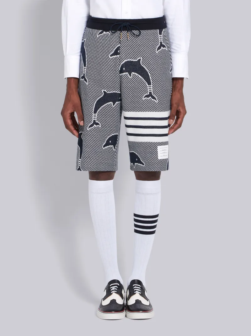 Navy Cotton Dolphin Jacquard Icon 4-Bar Sweatshorts | Thom Browne 