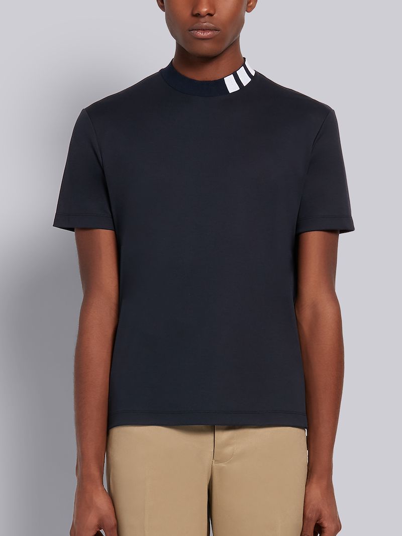 Navy Cotton Interlock Mock Neck Short Sleeve 4-Bar Intarsia Tee | Thom Browne Official