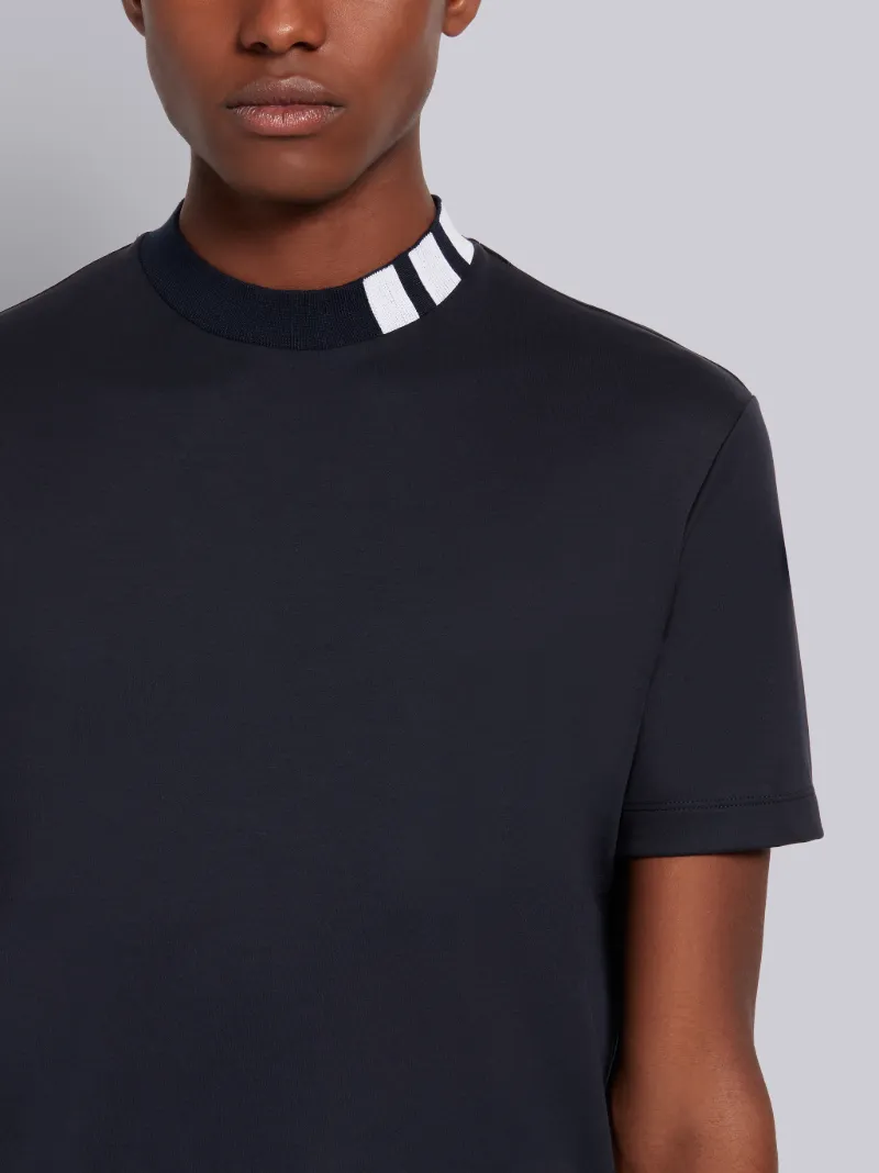 Download Navy Cotton Interlock Mock Neck Short Sleeve 4-Bar Intarsia Tee | Thom Browne Official