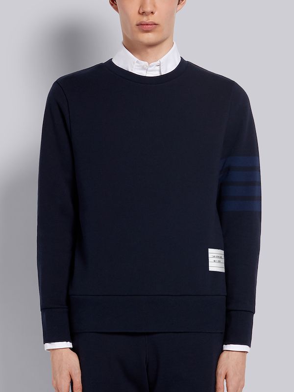 Navy Cotton Loopback Relaxed Fit Tonal 4-Bar Crewneck Sweatshirt
