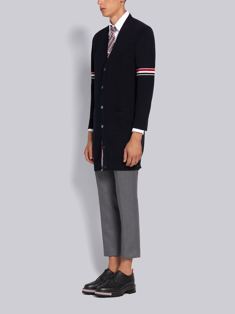 Navy Cotton Milano Stitch Stripe Armband Long V-neck Cardigan