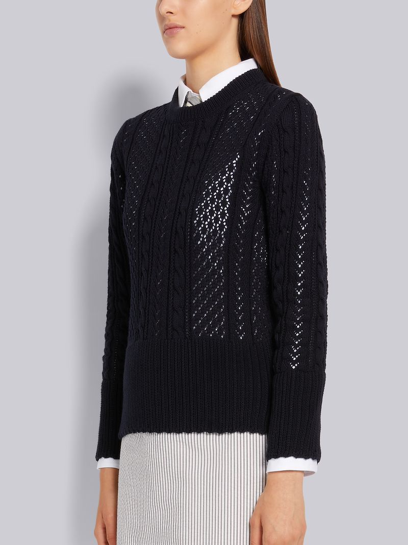 Navy Cotton Mixed Pointelle Cable Knit Pullover