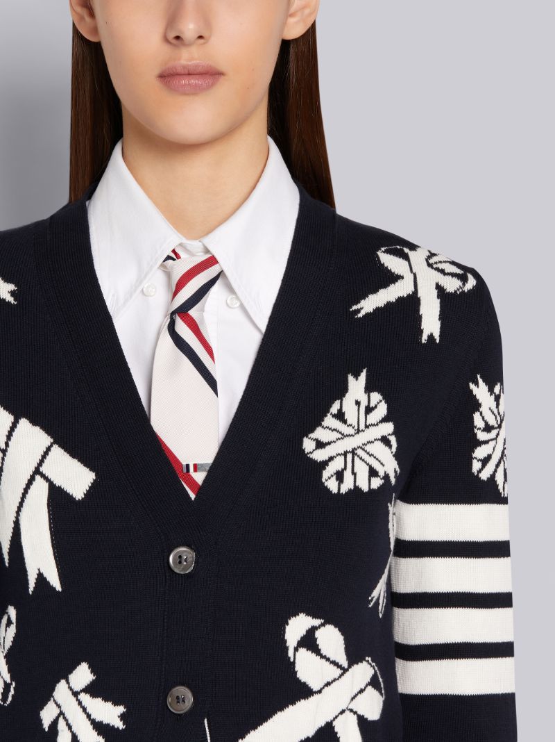 Navy Cotton Ribbon Intarsia 4-Bar V-Neck Cardigan