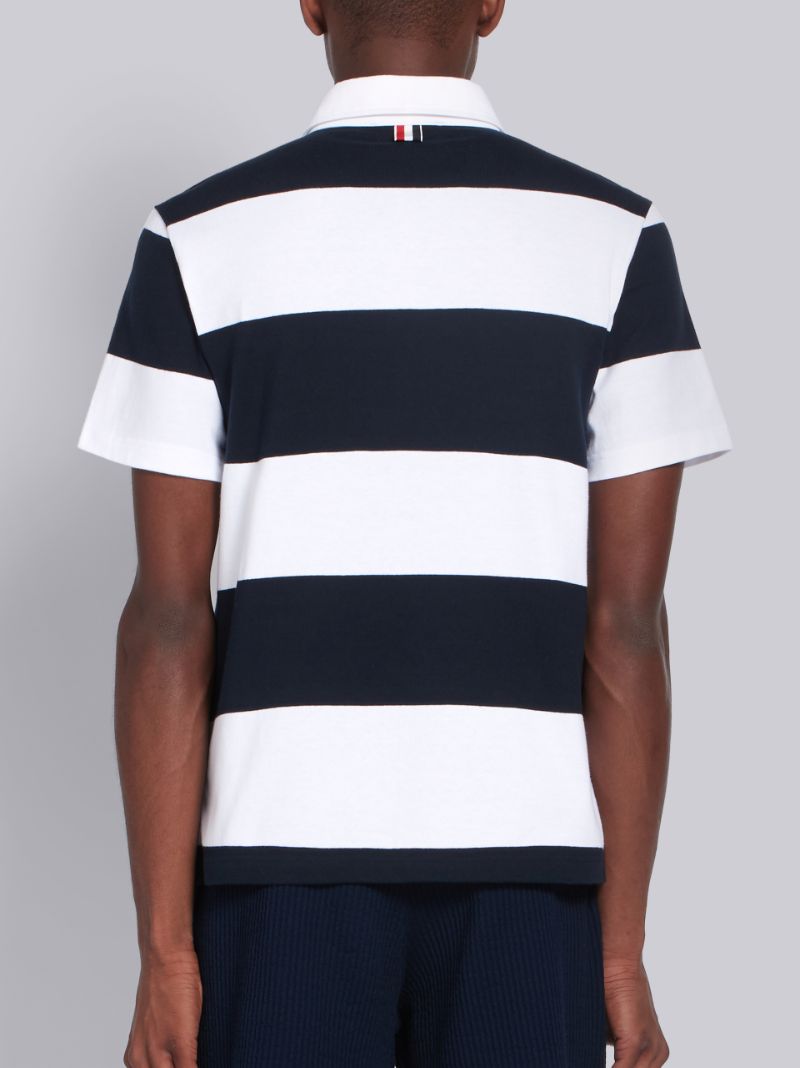 Navy Cotton Rugby Stripe Short Sleeve Polo