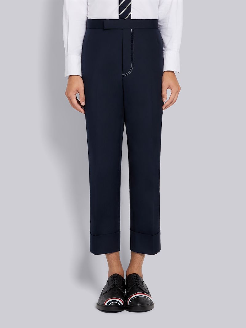 Navy Cotton Typewriter Cloth Double Needle Stitch Classic Trouser
