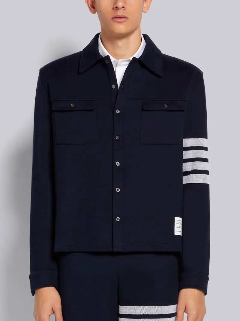 Navy Double Face Cotton Knit 4-Bar Button Down Shirt Jacket | Thom