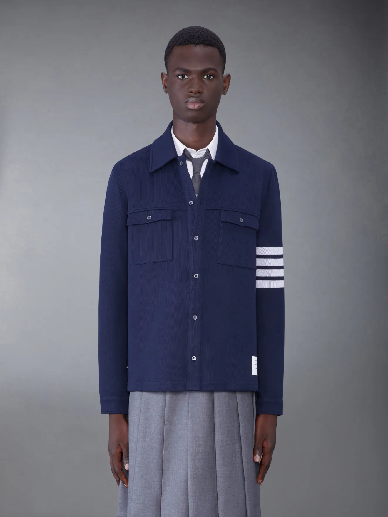 Navy Double Face Cotton Knit 4-Bar Button Down Shirt Jacket | Thom Browne