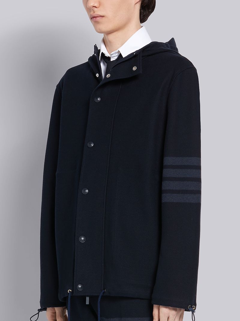 Navy Double Face Cotton Twill Hooded Tonal 4-Bar Jacket