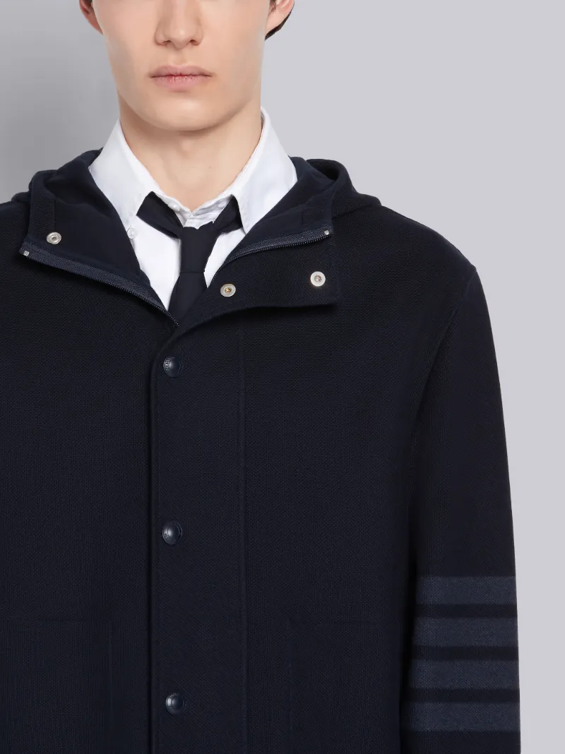 Navy Double Face Cotton Twill Hooded Tonal 4-Bar Jacket