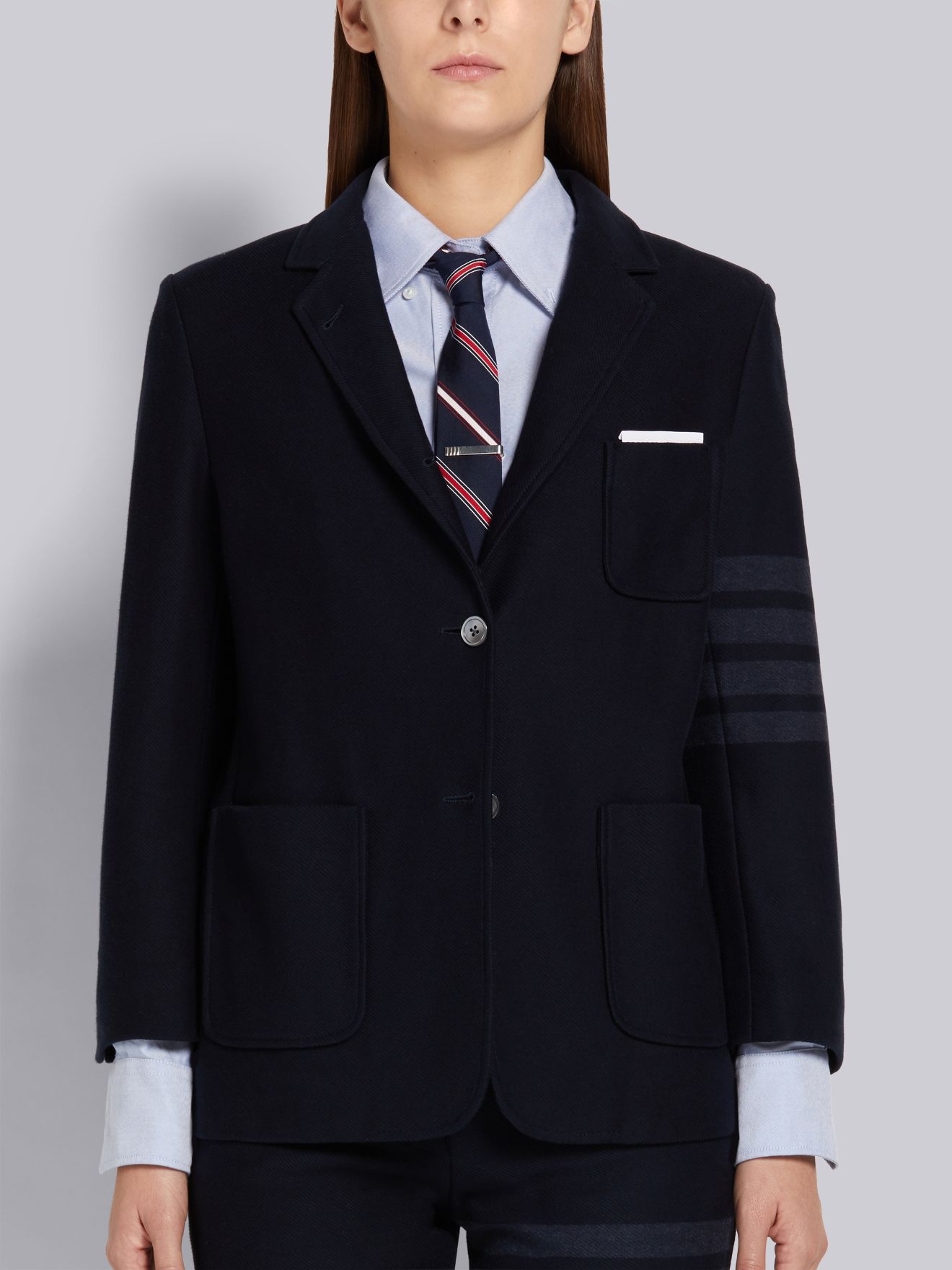 Navy Double Face Tech Twill Tonal 4-Bar Sack Jacket | Thom Browne