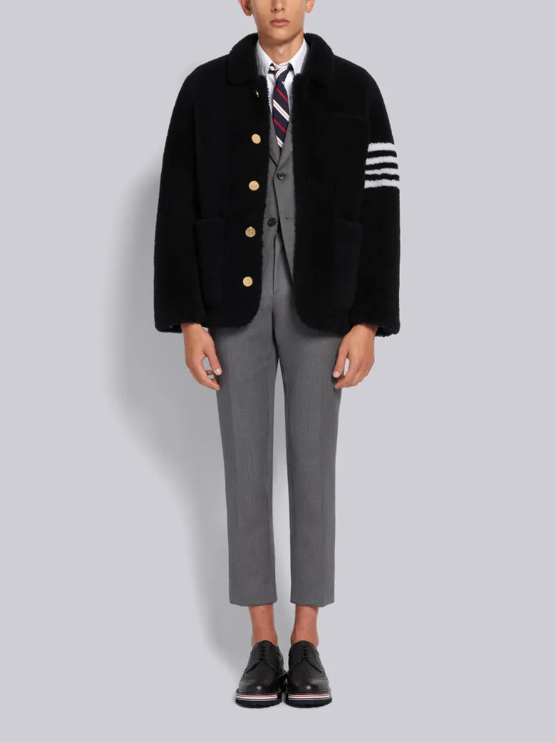 Navy Dyed Shearling Round Collar 4-Bar Sack Jacket