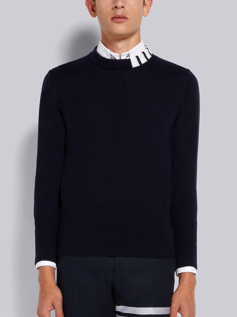 Navy Fine Merino Wool 4-Bar Collar Crew Neck Pullover