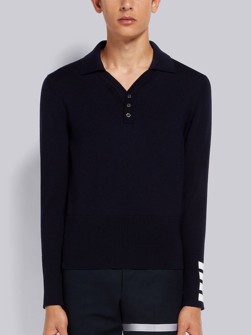 Navy Fine Merino Wool 4-Bar Cuff Long Sleeve Polo