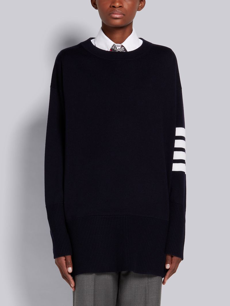 Navy Fine Merino Wool 4-Bar Exaggerated Fit Crew Neck Pullover