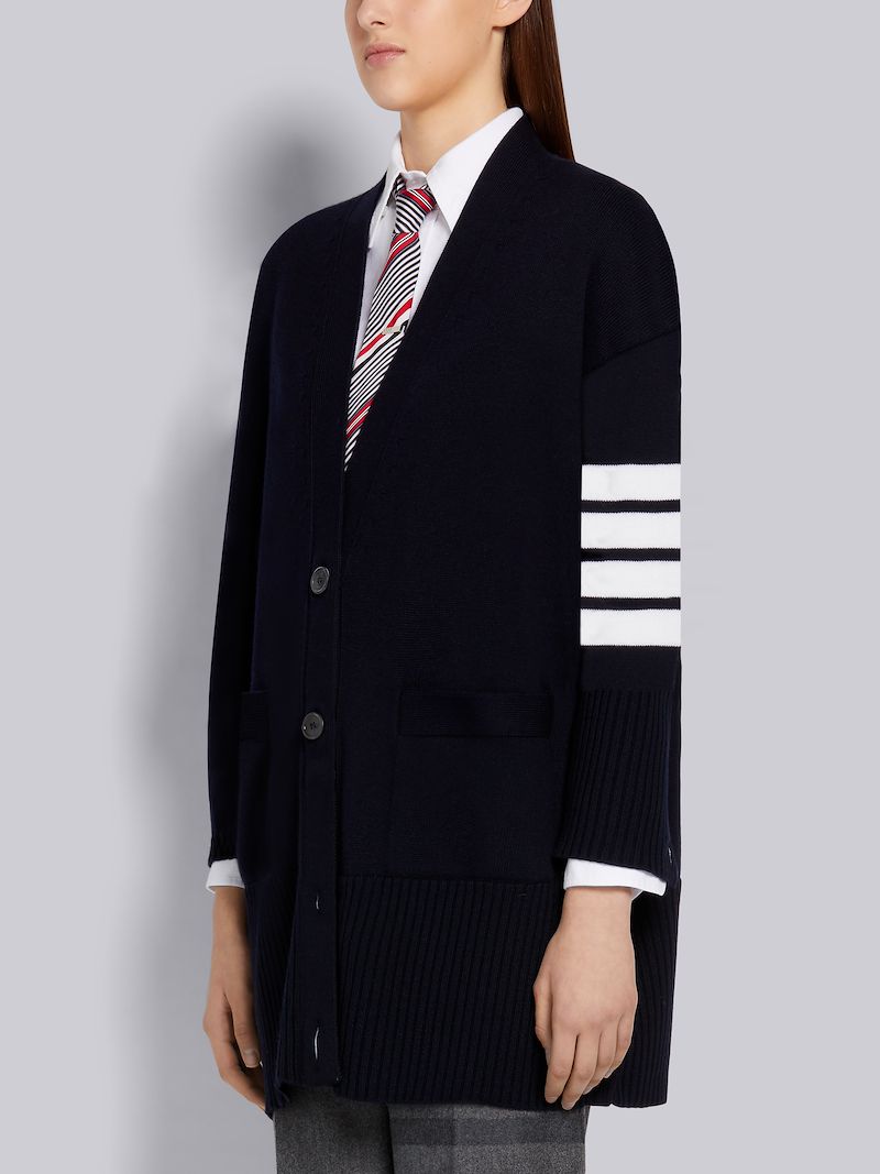 Navy Fine Merino Wool 4-Bar Exaggerated Fit V-Neck Cardigan