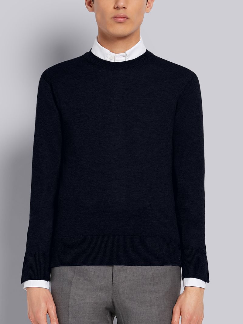 Navy Fine Merino Wool Center Back Tri-color Stripe Long Sleeve Crewneck Pullover