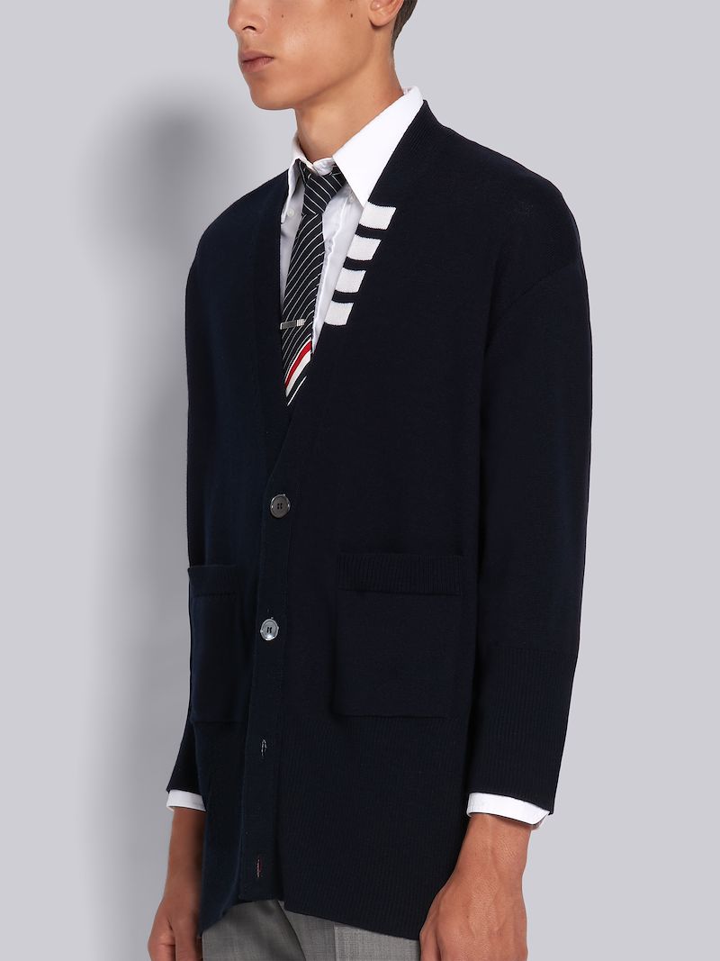 Navy Fine Merino Wool Jersey Stitch 4-Bar Oversized V-Neck Cardigan