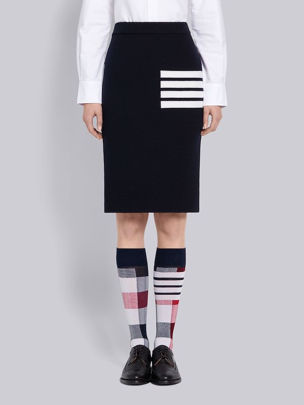 Navy Fine Merino Wool Links Stitch 4-Bar Pencil Skirt