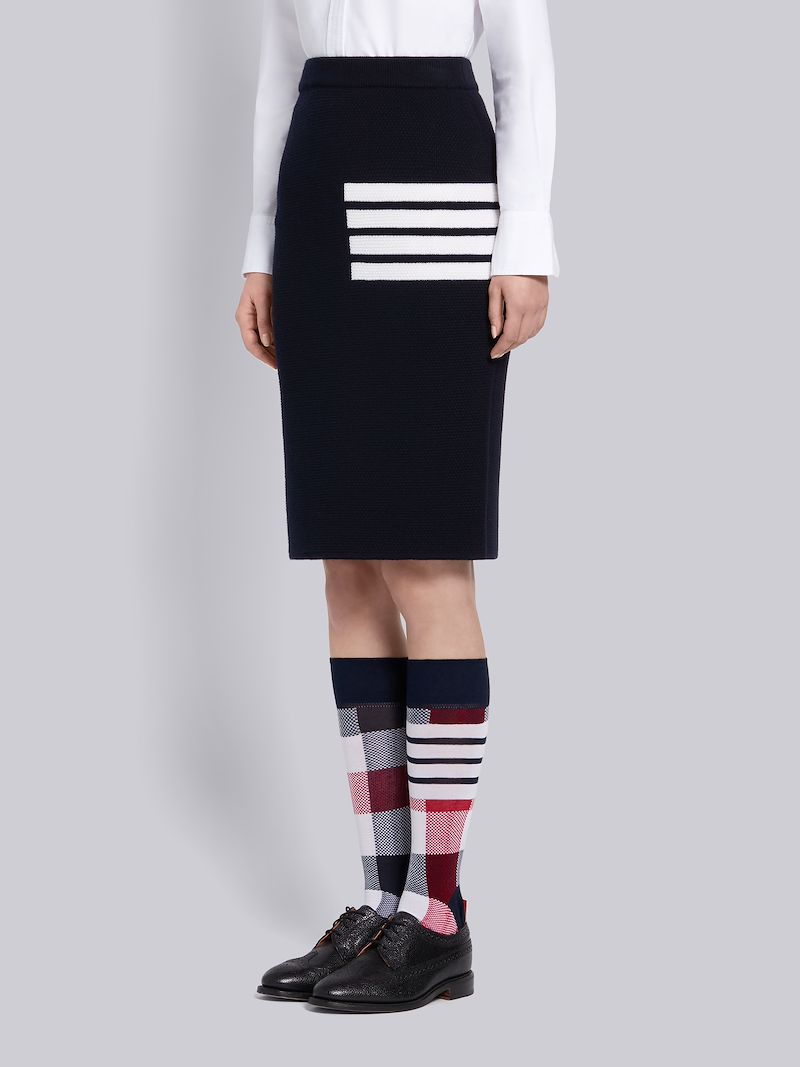 Navy Fine Merino Wool Links Stitch 4-Bar Pencil Skirt