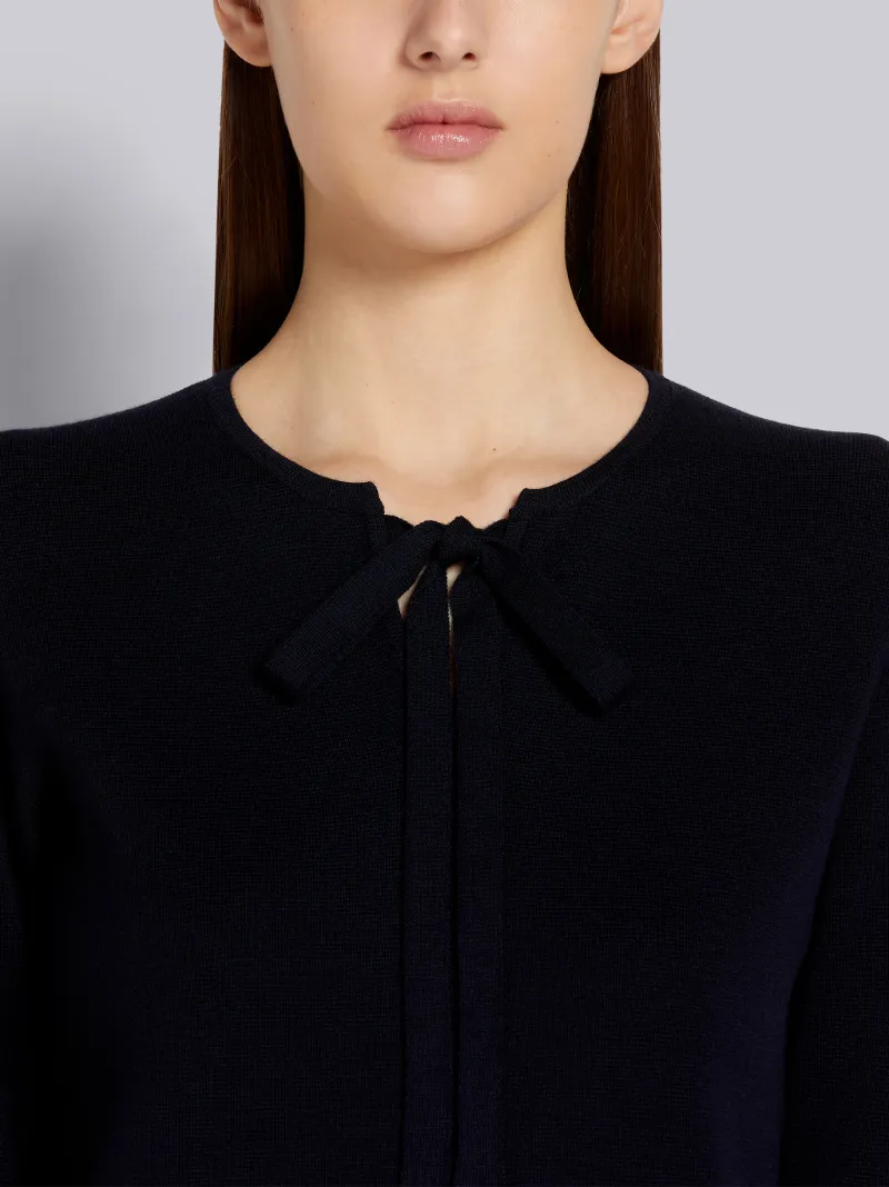 Navy Fine Merino Wool Milano Stitch Pleated 3/4 Sleeve 4-bar Intarsia Stripe Keyhole Neckline Dress