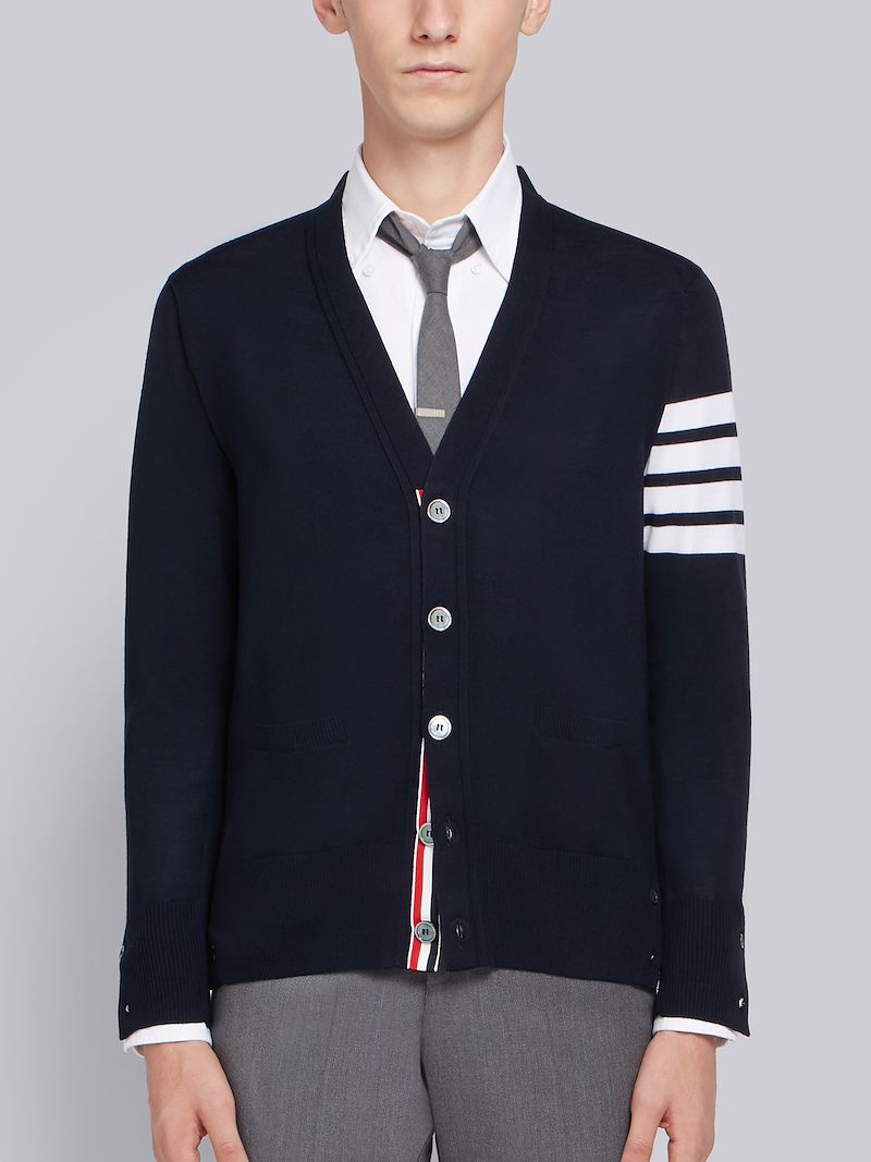 Navy Fine Merino Wool V-neck 4-Bar Cardigan