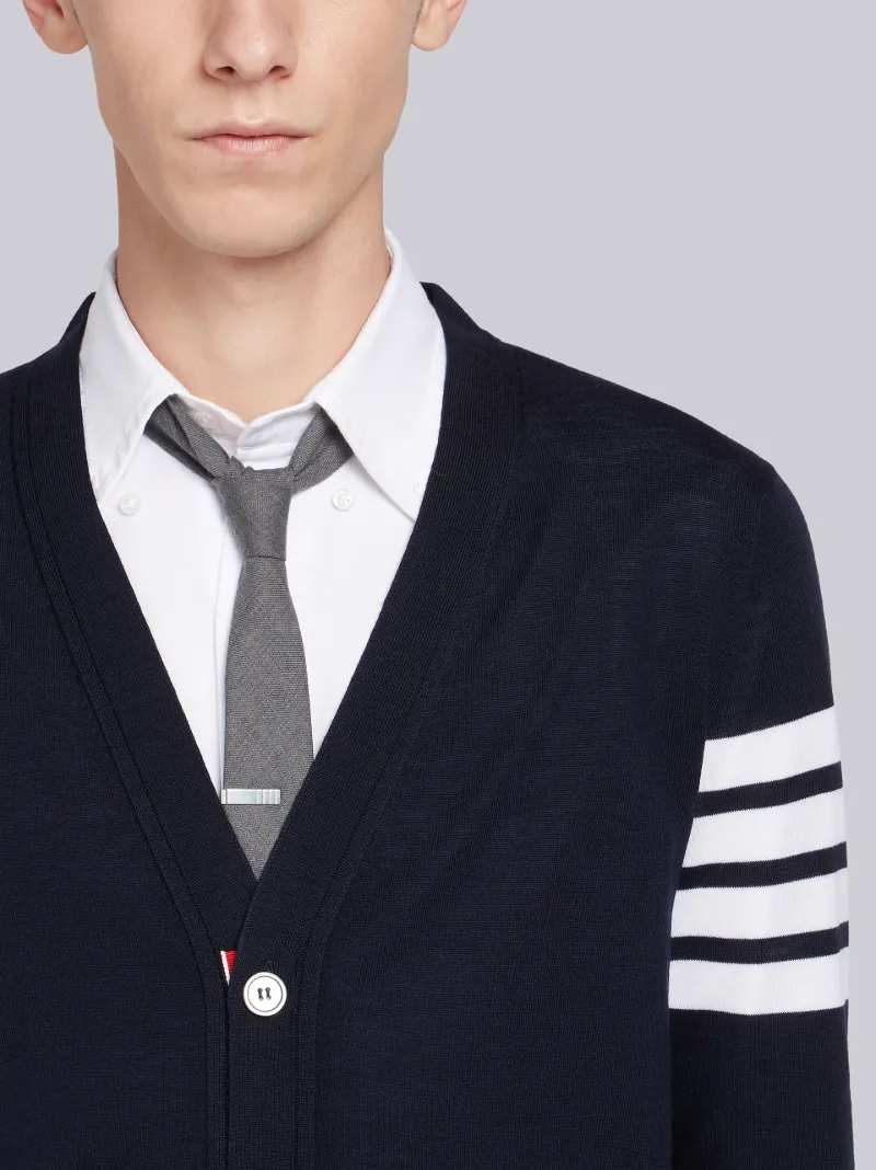 Navy Fine Merino Wool V-neck 4-Bar Cardigan