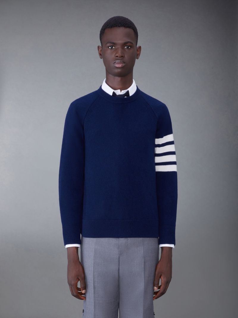 Navy French Terry Cashmere 4-Bar Crewneck Pullover