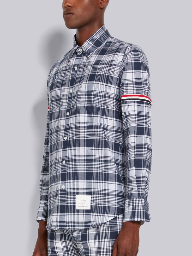 Navy Hairline Madras Check Stripe Armband Straight Fit Shirt