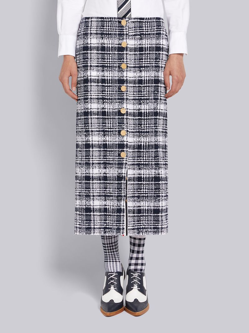 Navy Hairline Madras Ribbon Tweed Low Rise Button Front Ankle Length Cardigan Skirt