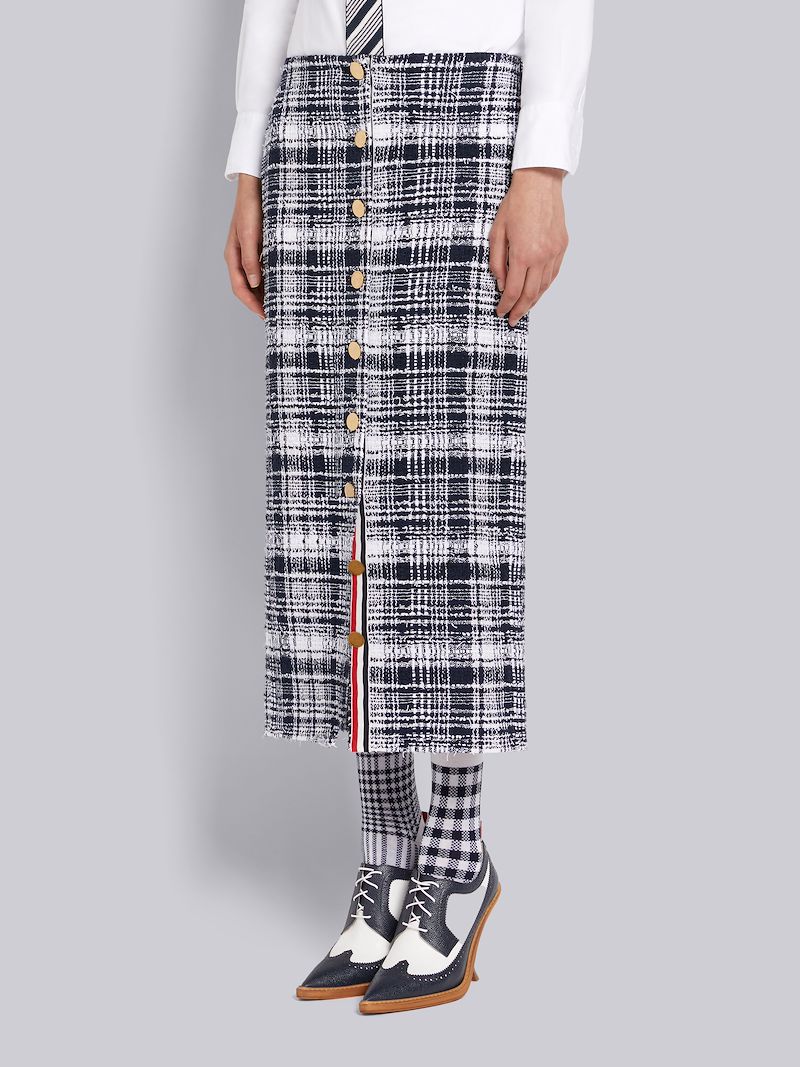 Navy Hairline Madras Ribbon Tweed Low Rise Button Front Ankle Length Cardigan Skirt