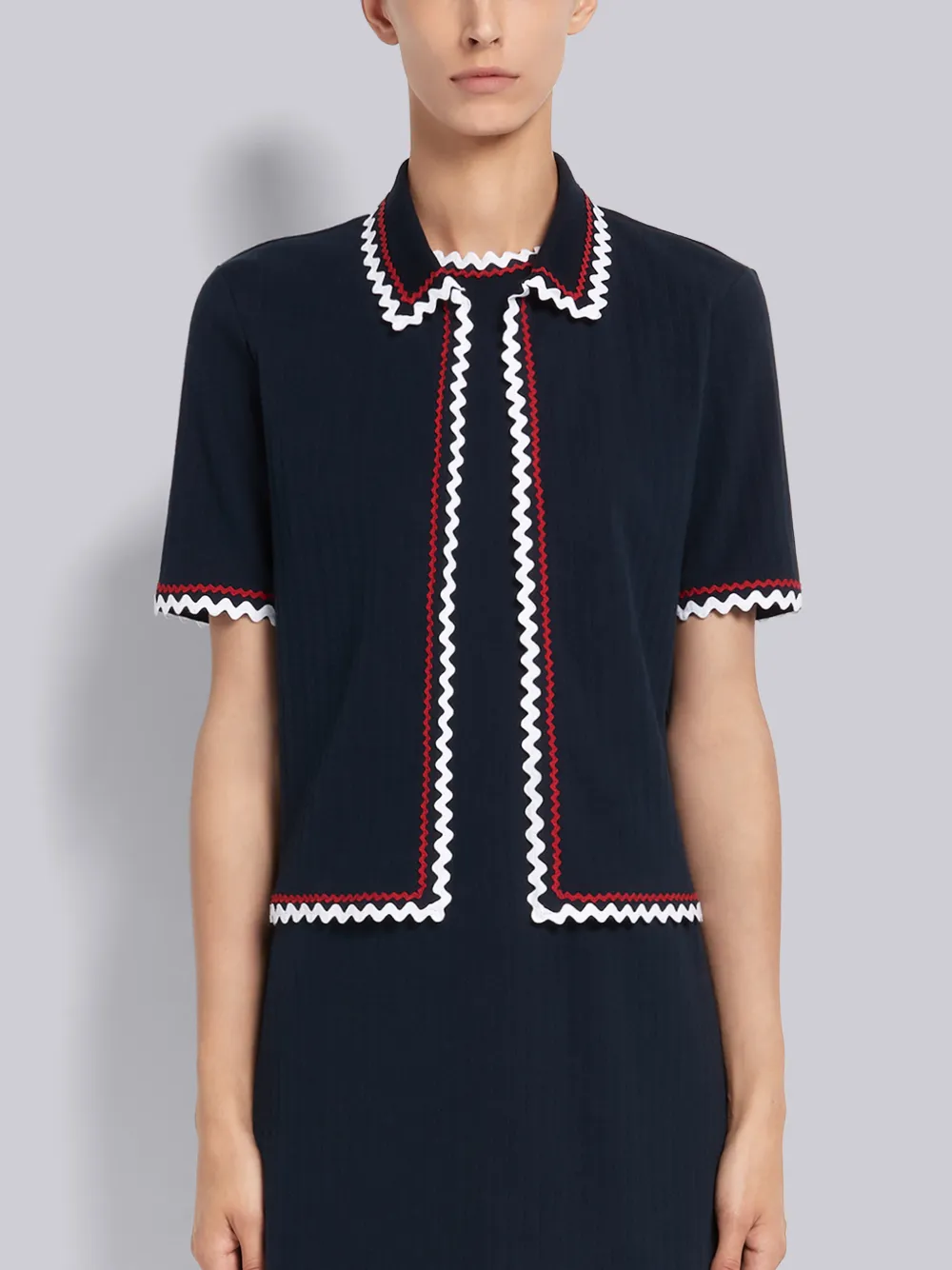 Navy High Twist Cotton Pleated Rib Cricket Zig Zag Trim Short 