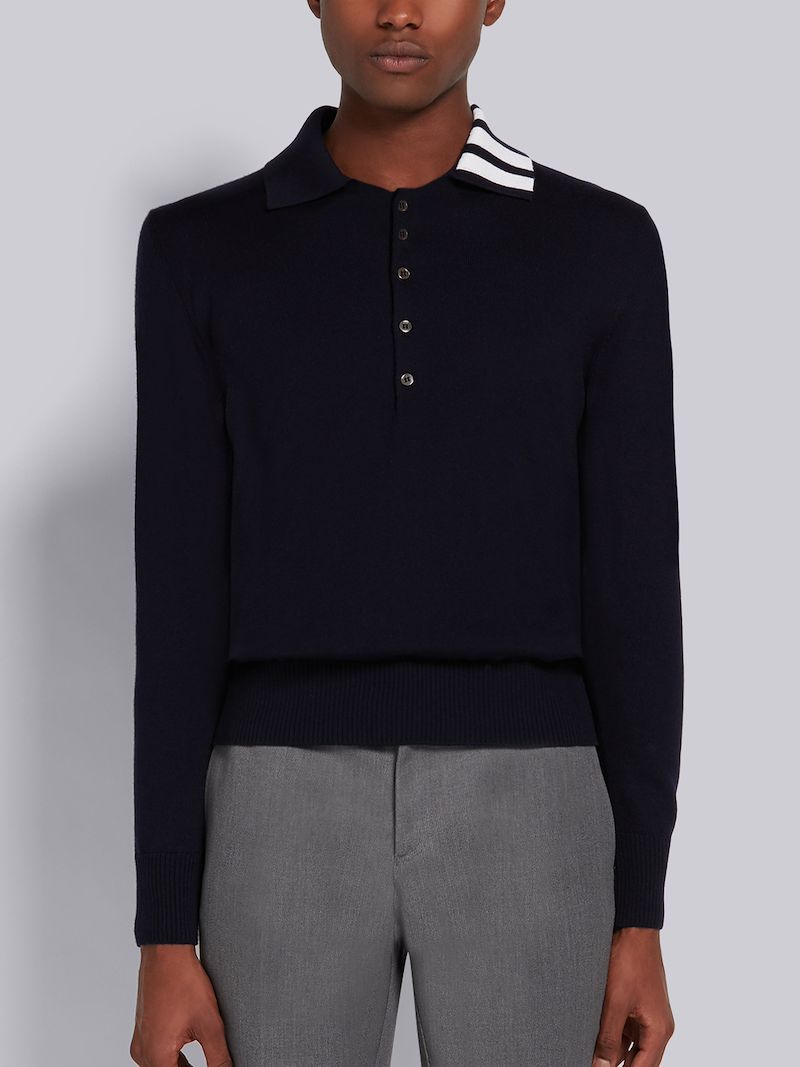 Navy Jersey Stitch Superfine Merino Wool Intarsia 4-Bar Stripe Relaxed Fit Long Sleeve Polo