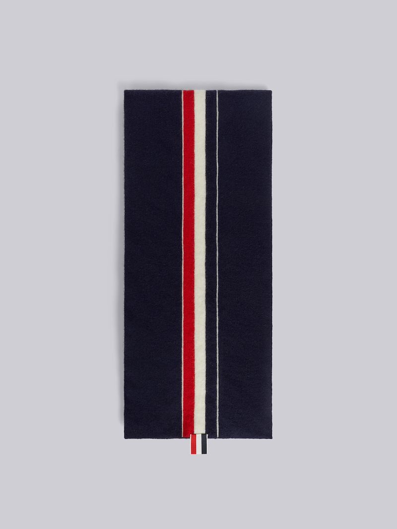 Navy Jersey Stitch Superfine Merino Wool Intarsia Stripe Scarf