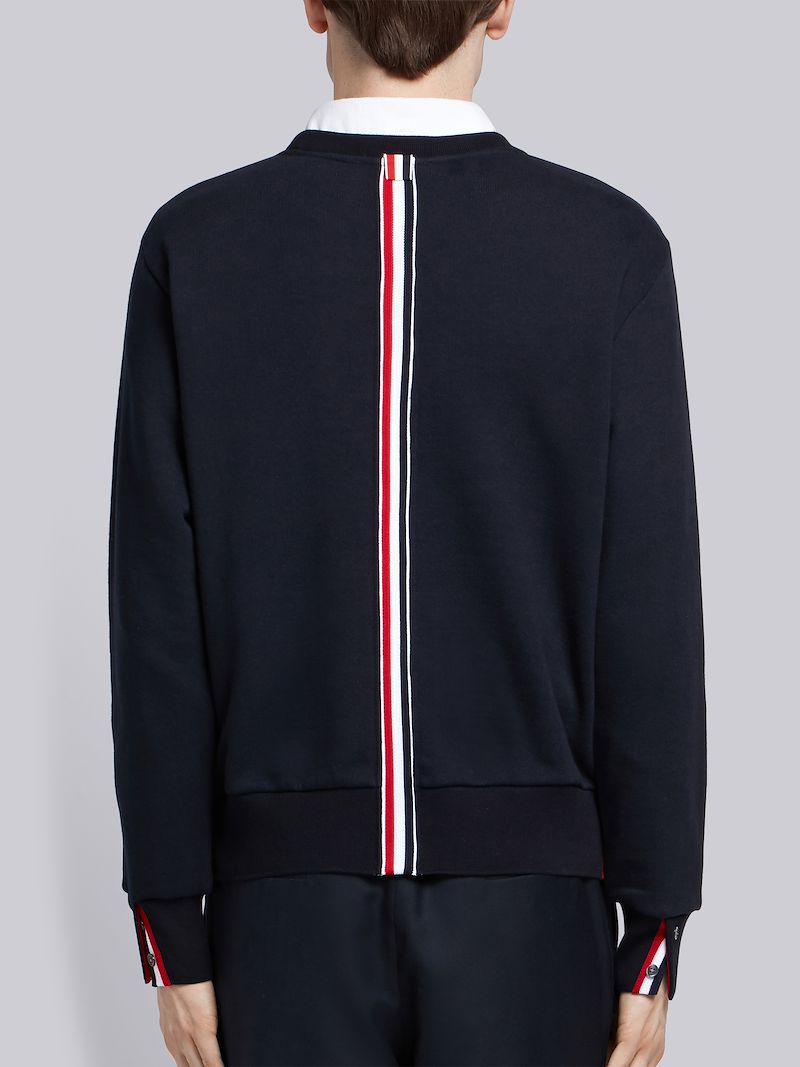 Navy Loopback Knit Center Back Stripe Crew Neck Pullover