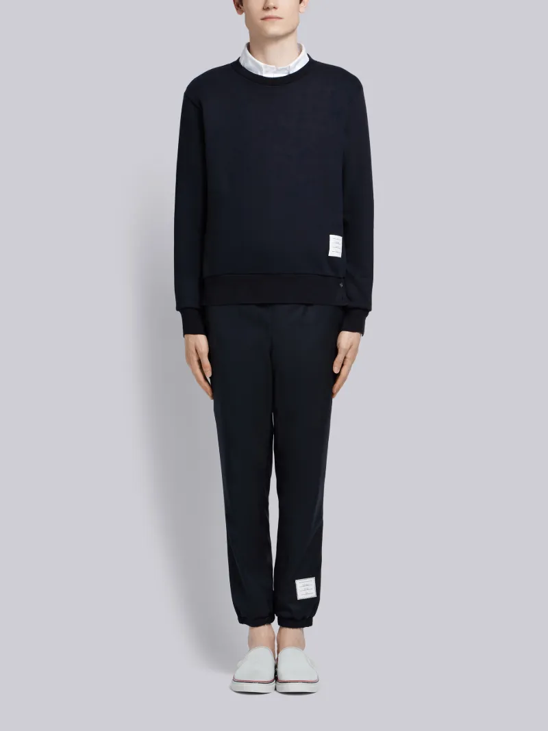 Navy Loopback Knit Center Back Stripe Crew Neck Pullover