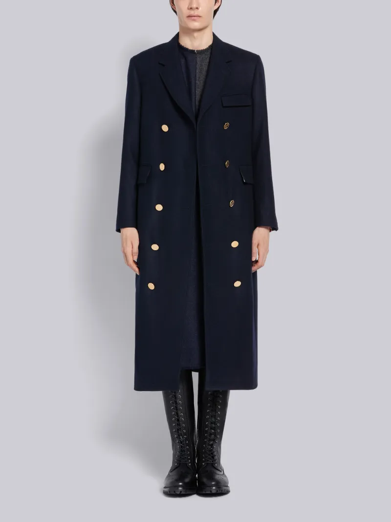 Navy Melton Wool Long Chesterfield Overcoat