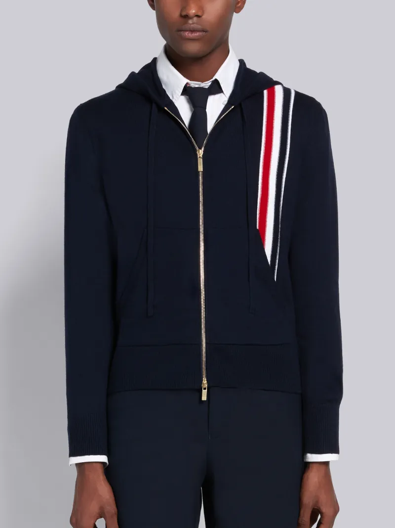 Navy Merino Wool Jersey Tricolor Intarsia Stripe Zip-up Hoodie