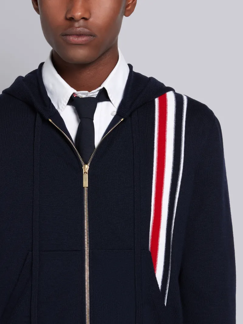 Navy Merino Wool Jersey Tricolor Intarsia Stripe Zip-up Hoodie