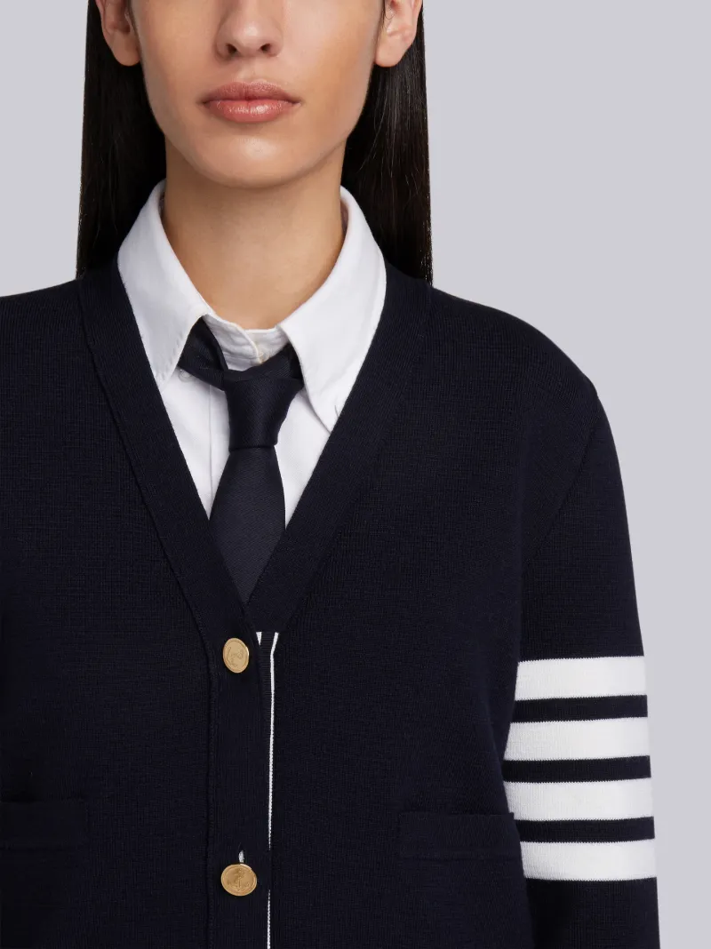 Navy Milano Stitch Fine Merino Wool 4-bar Classic V-neck Cardigan