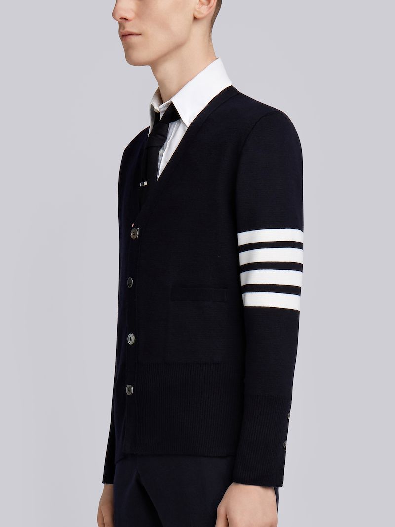 Navy Milano Stitch Fine Merino Wool 4-Bar V-Neck Cardigan